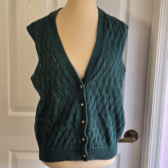 Vintage Westbound Green Knit Sweater Vest Button Front Cotton Blend‎ Size M - Picture 1 of 6